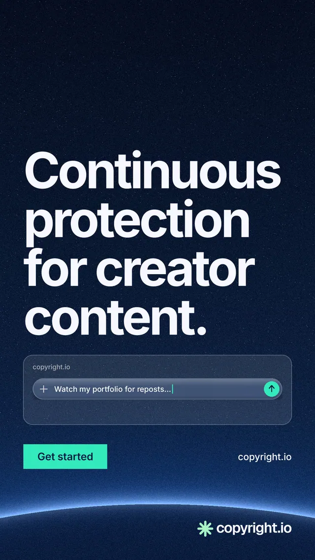 Instagram story for copyright.io: "Continuous protection for creator content." Swiss style, poster layout, dark palette in blue, black.