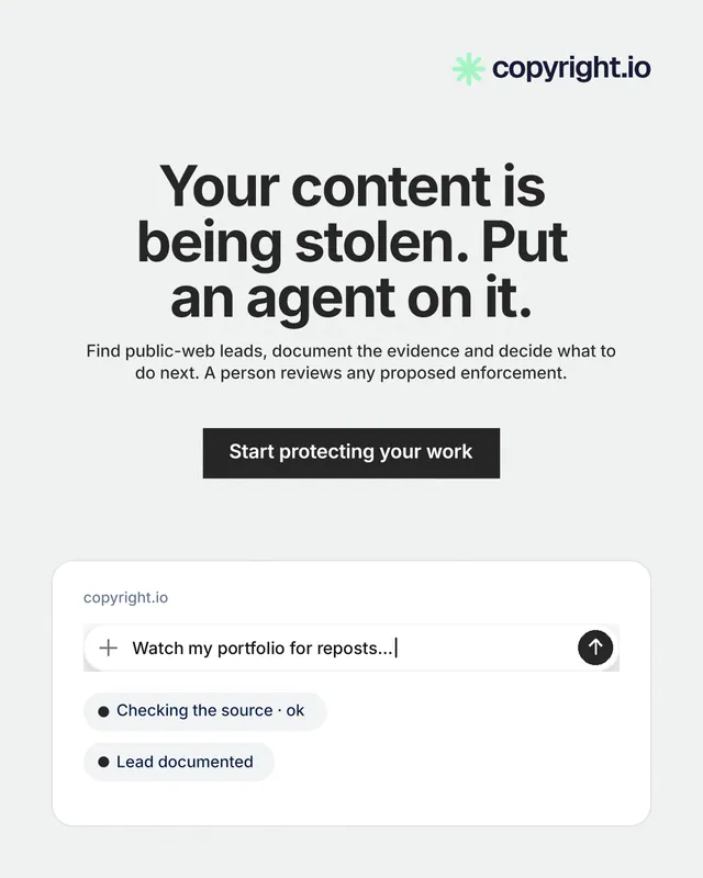 Instagram portrait post for copyright.io: "Your content is being stolen. Put an agent on it." Swiss style, centred layout, light palette in white, grey.