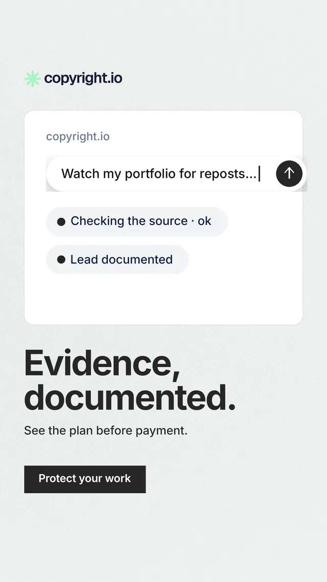 Instagram story for copyright.io: "Evidence, documented." Swiss style, bottom layout, light palette in white, grey.