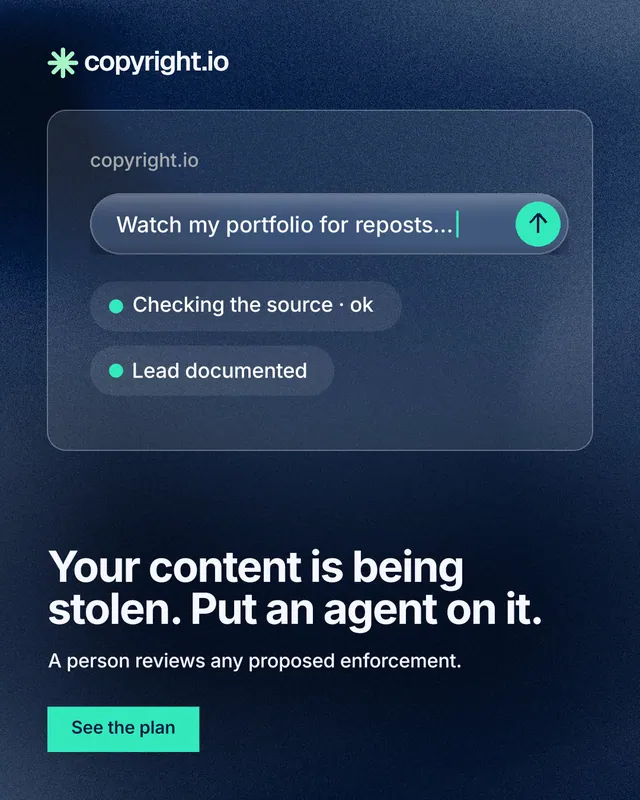 Instagram portrait post for copyright.io: "Your content is being stolen. Put an agent on it." Swiss style, bottom layout, dark palette in blue, black.