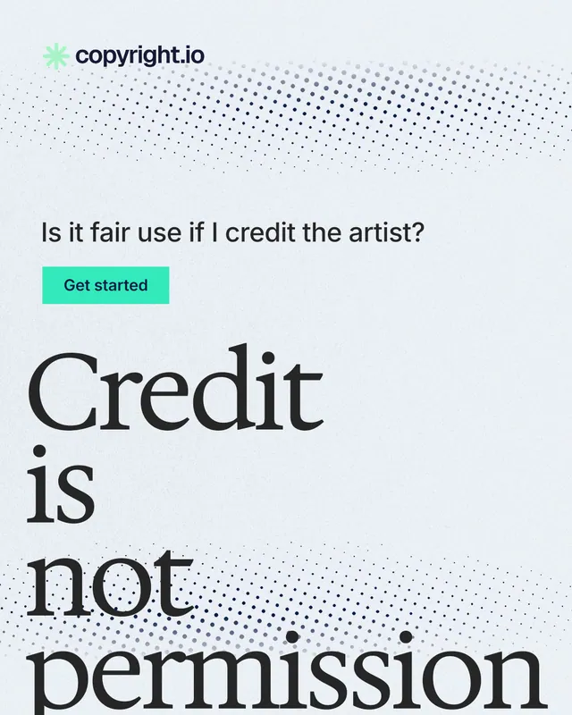 Instagram portrait post for copyright.io: "Credit is not permission." Swiss style, oversized layout, light palette in white, blue, grey.