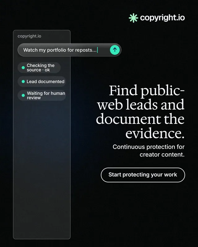 Instagram portrait post for copyright.io: "Find public-web leads and document the evidence." Phosphor atlas style, right layout, dark palette in black.