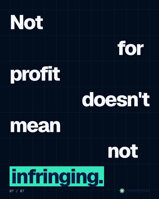 Video for copyright.io: "Not for profit doesn't mean not infringing.". Kinetic type grid, 6.0 s, dark palette.