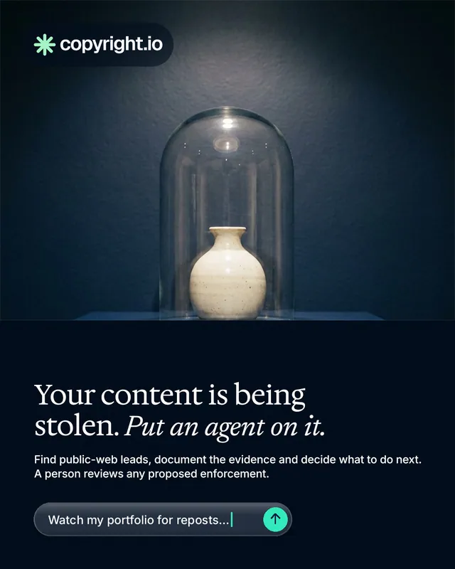 Instagram portrait post for copyright.io: "Your content is being stolen. Put an agent on it." Agentic glass style, bottom layout, dark palette in blue, black, grey.