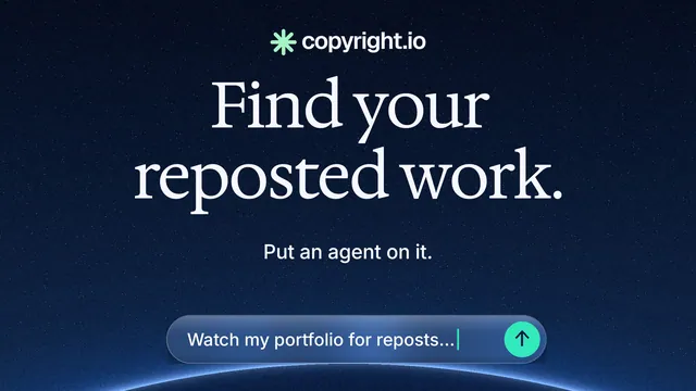Landscape graphic for copyright.io: "Find your reposted work." Agentic glass style, centred layout, dark palette in blue, black.