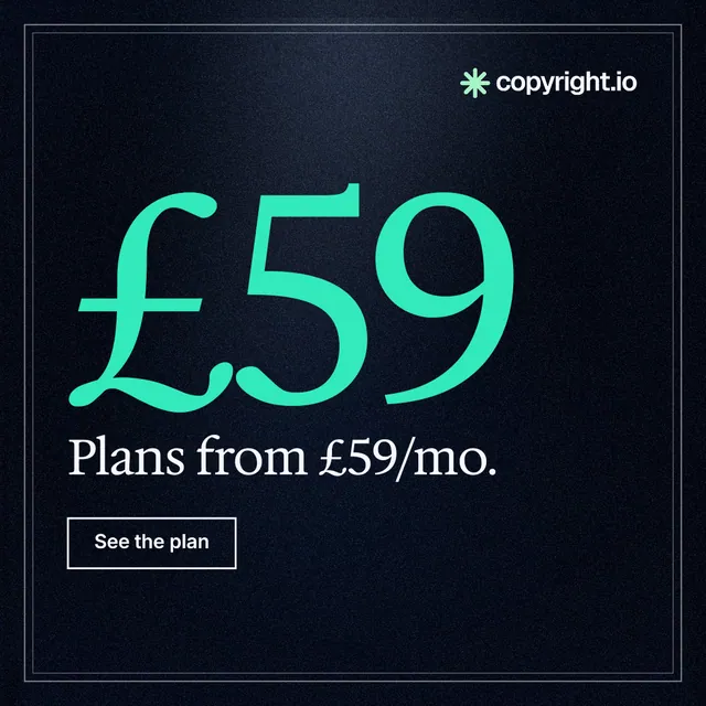 Instagram post for copyright.io: "See the plan first." Dark deco style, stat layout, dark palette in black, blue, teal.