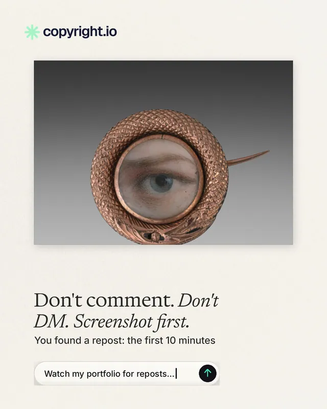 Instagram portrait post for copyright.io: "Don't comment. Don't DM. Screenshot first." Agentic glass style, bottom layout, light palette in grey, white.