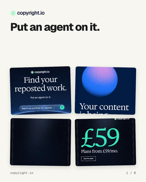 Carousel for copyright.io: "Put an agent on it.". Collection carousel, 8 slides, light palette.
