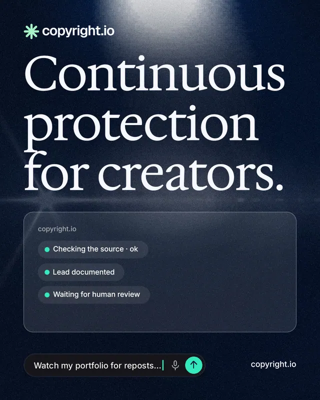 Instagram portrait post for copyright.io: "Continuous protection for creators." Thermal style, poster layout, dark palette in blue, black, grey.