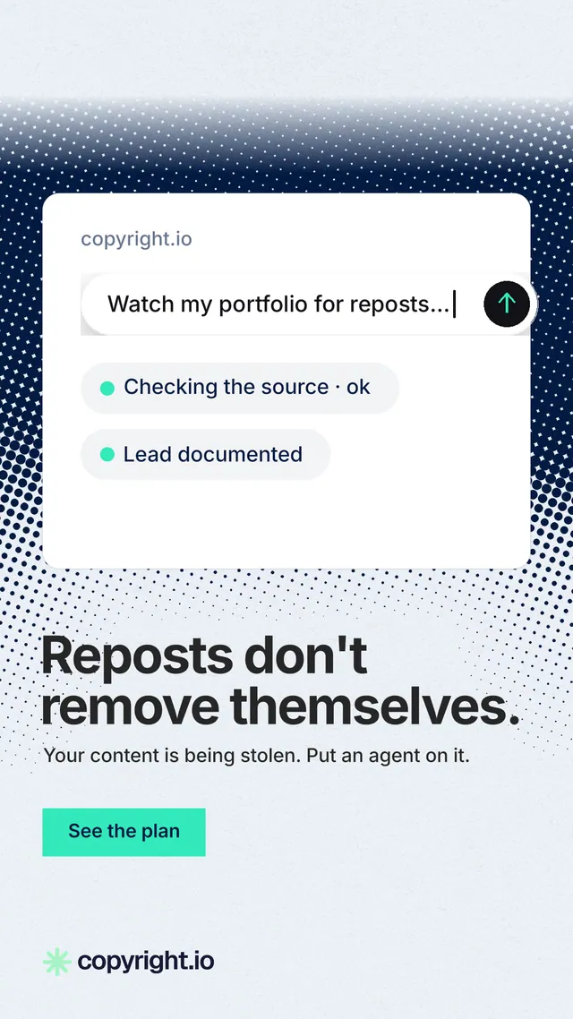 Instagram story for copyright.io: "Reposts don't remove themselves." Swiss style, bottom layout, light palette in white, teal, grey.