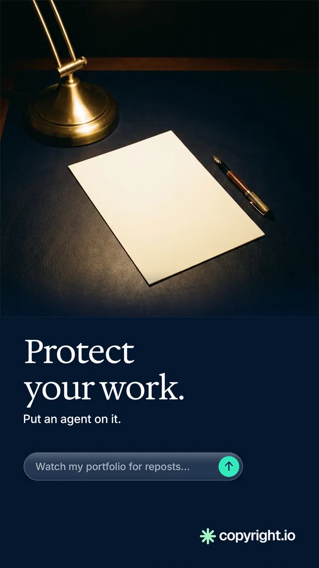 Instagram story for copyright.io: "Protect your work." Agentic glass style, bottom layout, dark palette in black, grey.
