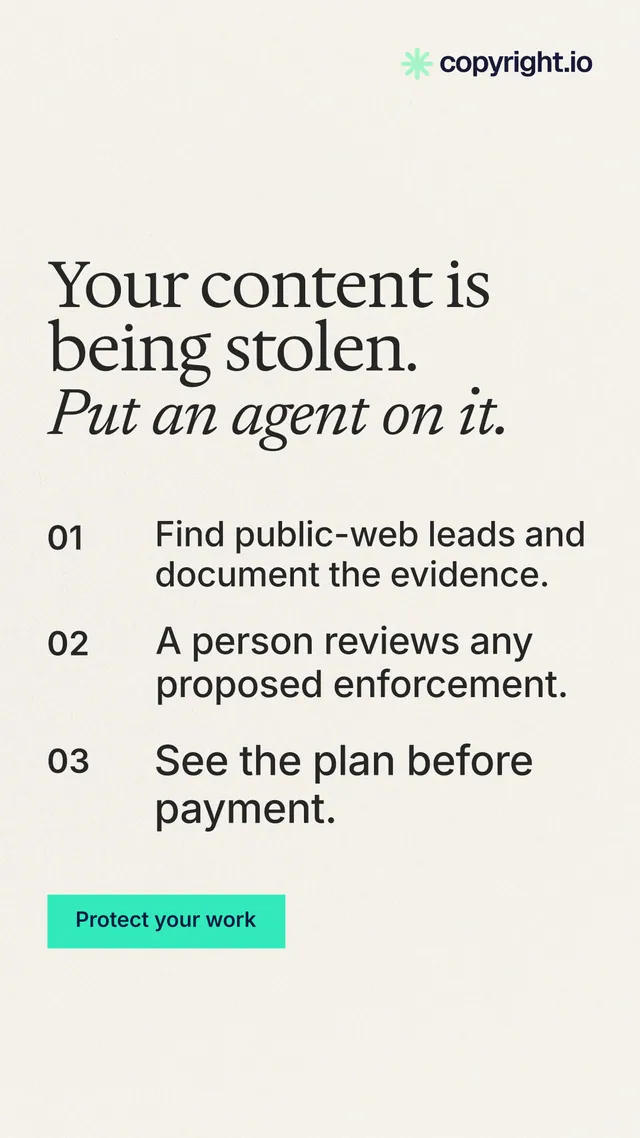 Instagram story for copyright.io: "Your content is being stolen. Put an agent on it." Swiss style, numbered layout, light palette in white, grey, green.