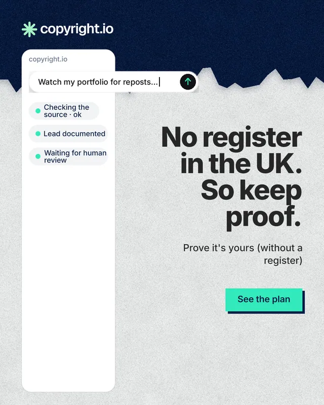 Instagram portrait post for copyright.io: "No register in the UK. So keep proof." Paper trio style, right layout, light palette in white, blue.