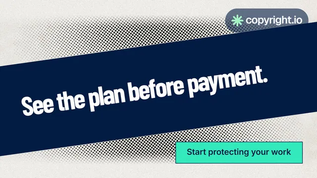 Landscape graphic for copyright.io: "See the plan before payment." Ink sticker style, diagonal layout, light palette in blue, white, teal.