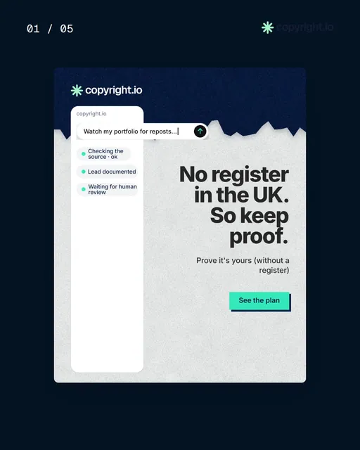 Video for copyright.io. Ad flipbook, 7.5 s, dark palette.