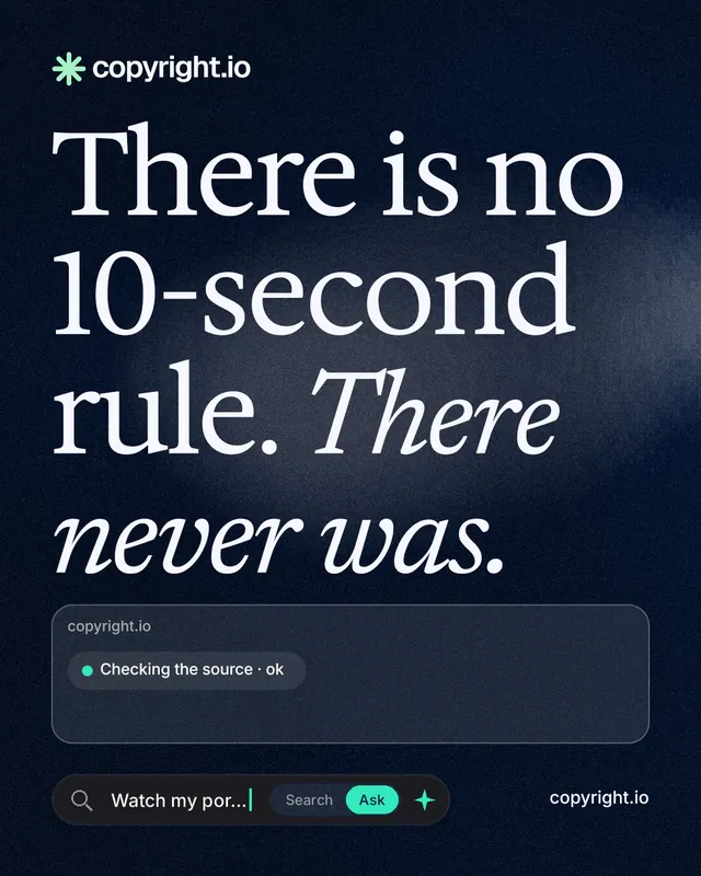Instagram portrait post for copyright.io: "There is no 10-second rule. There never was." Thermal style, poster layout, dark palette in blue, black, grey.