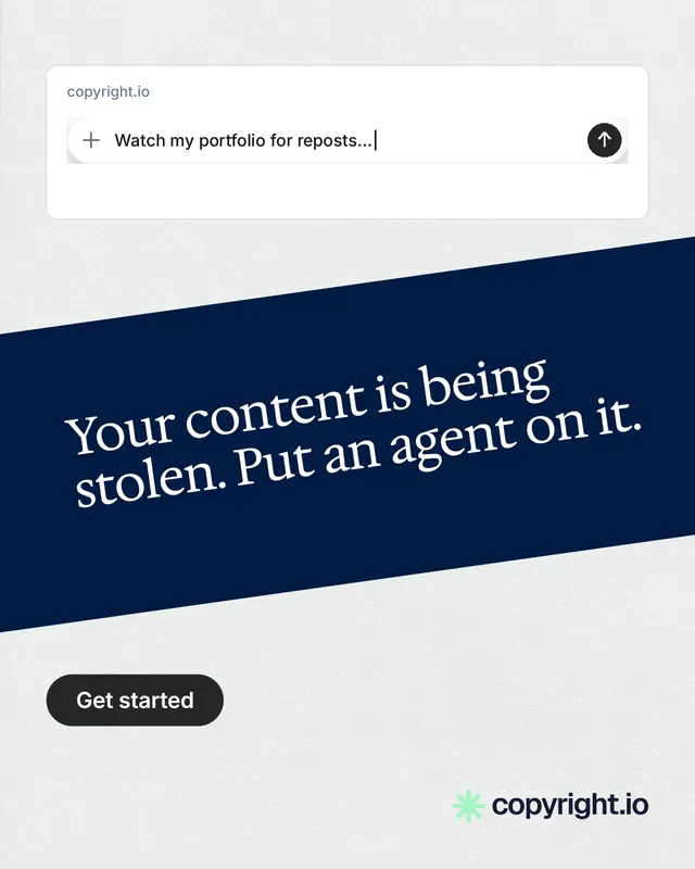 Instagram portrait post for copyright.io: "Your content is being stolen. Put an agent on it." Data card style, diagonal layout, light palette in blue, white.