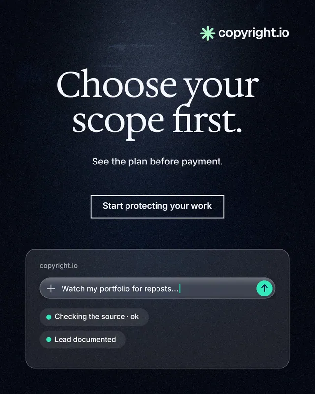 Instagram portrait post for copyright.io: "Choose your scope first." Dark deco style, centred layout, dark palette in blue, black, grey.