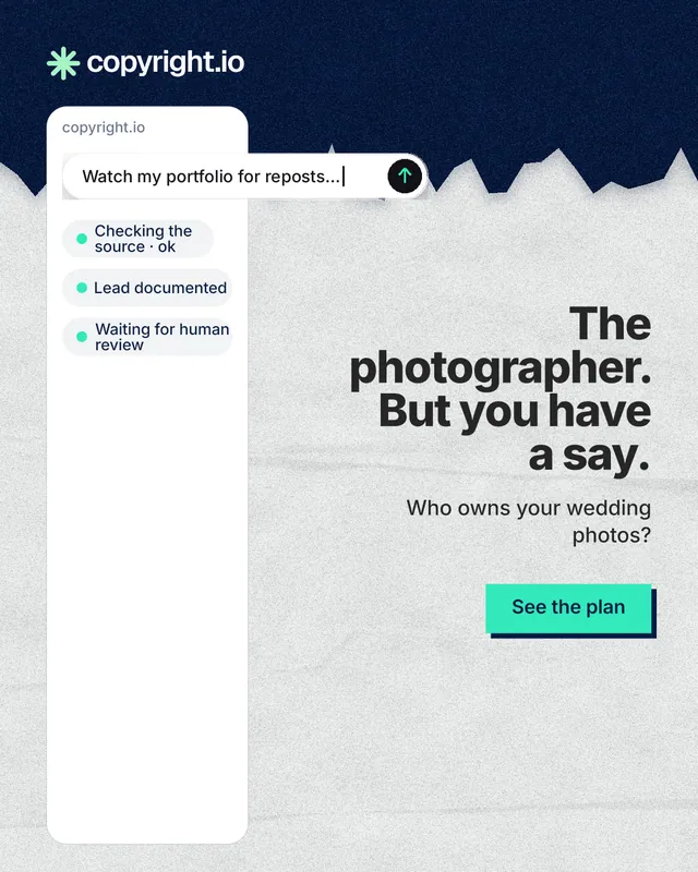 Instagram portrait post for copyright.io: "The photographer. But you have a say." Paper trio style, right layout, light palette in white, blue.