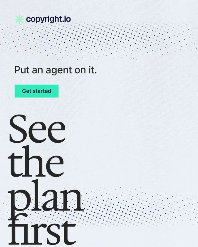 Instagram portrait post for copyright.io: "See the plan first." Swiss style, oversized layout, light palette in white, teal, grey.