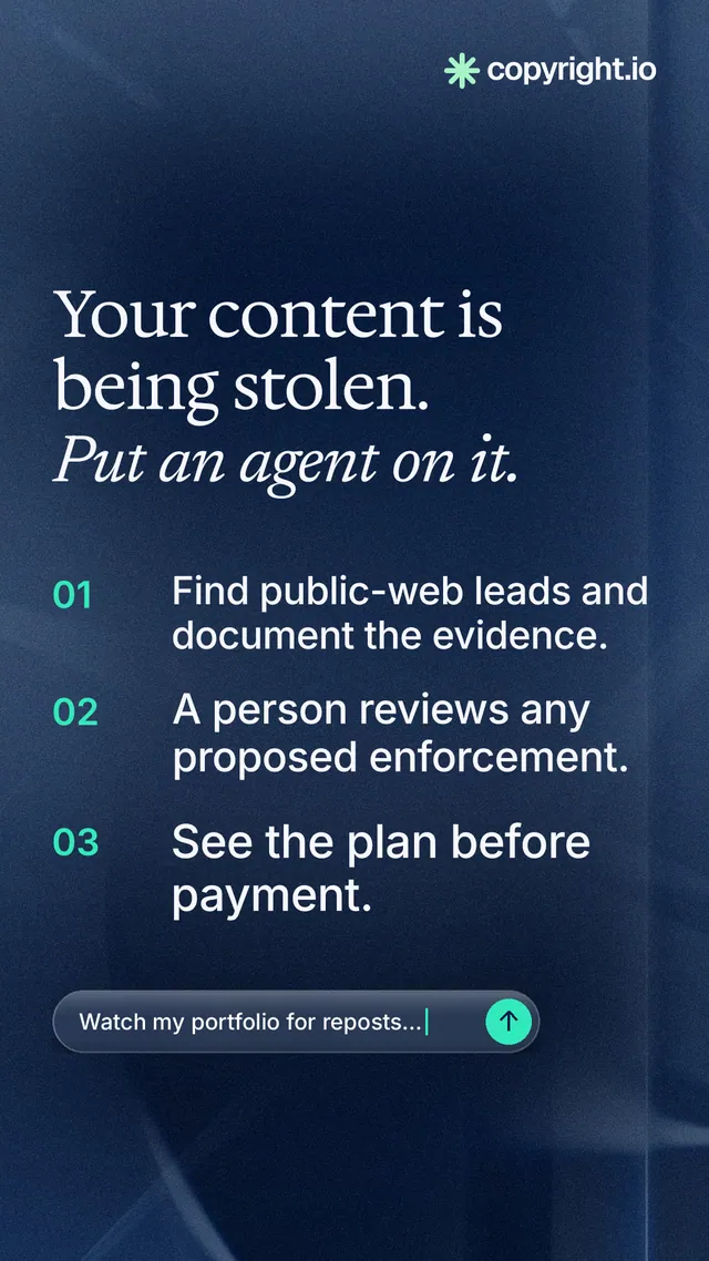 Instagram story for copyright.io: "Your content is being stolen. Put an agent on it." Agentic glass style, numbered layout, dark palette in blue, grey.