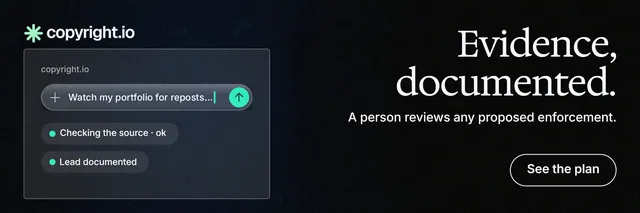 X header for copyright.io: "Evidence, documented." Phosphor atlas style, right layout, dark palette in black, grey.