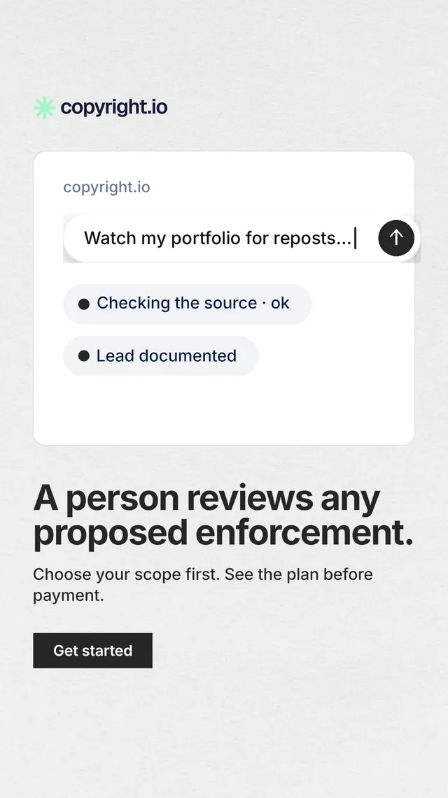 Instagram story for copyright.io: "A person reviews any proposed enforcement." Swiss style, bottom layout, light palette in white, grey.