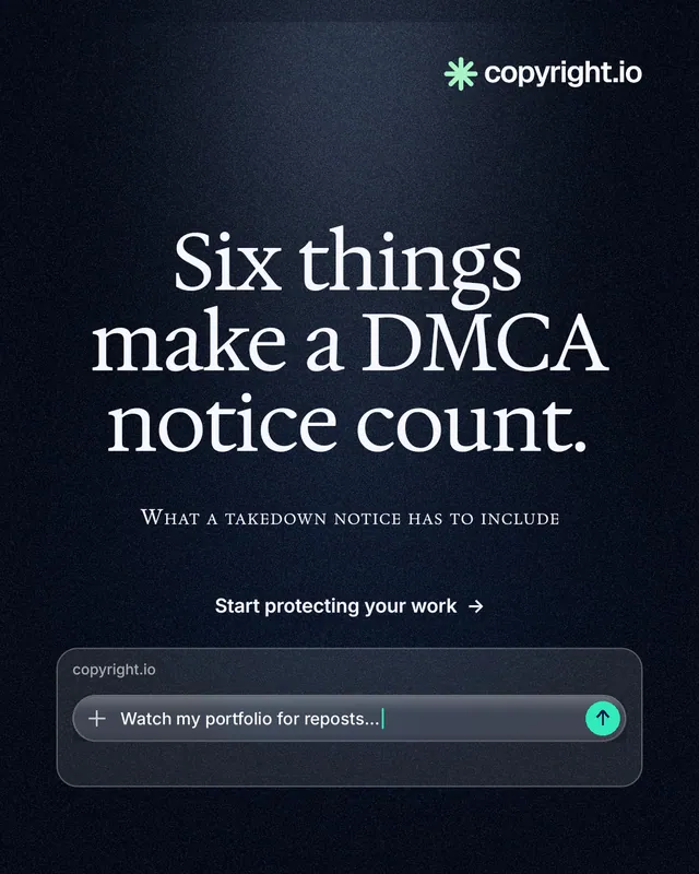 Instagram portrait post for copyright.io: "Six things make a DMCA notice count." Dark deco style, smallcaps layout, dark palette in black, blue, grey.