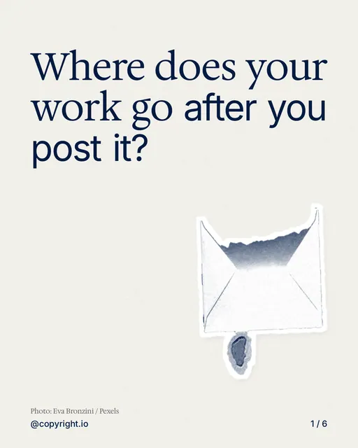 Carousel for copyright.io: "Where does your work go after you post it?". Cutout essay, 6 slides, light palette.