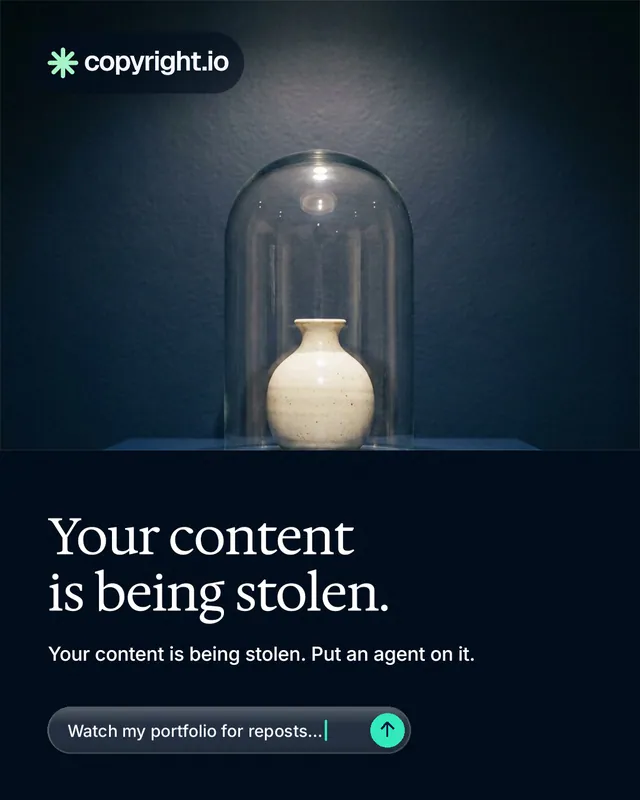 Instagram portrait post for copyright.io: "Your content is being stolen." Agentic glass style, bottom layout, dark palette in blue, black, grey.