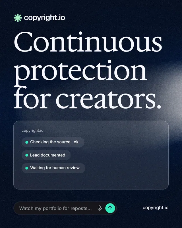 Instagram portrait post for copyright.io: "Continuous protection for creators." Thermal style, poster layout, dark palette in blue, black, grey.