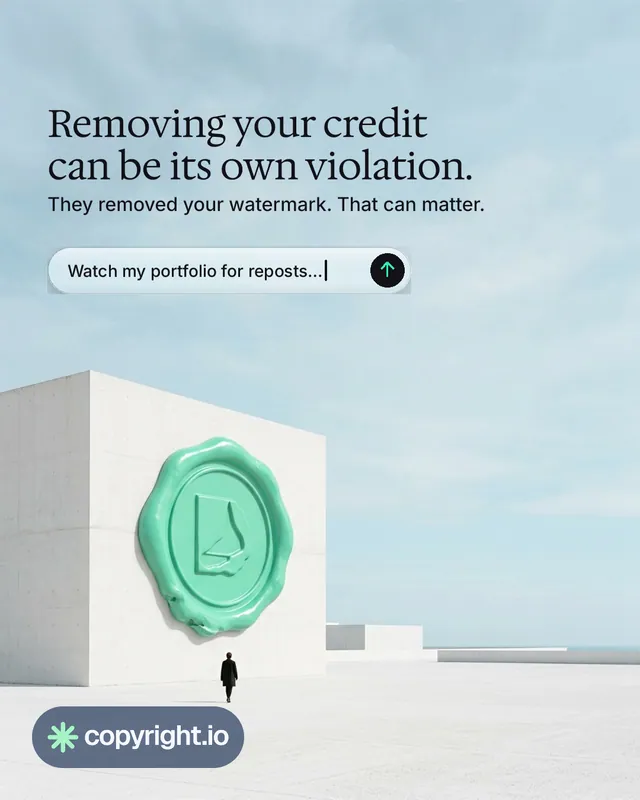 Instagram portrait post for copyright.io: "Removing your credit can be its own violation." Agentic glass style, bottom layout, light palette in teal, grey, white.
