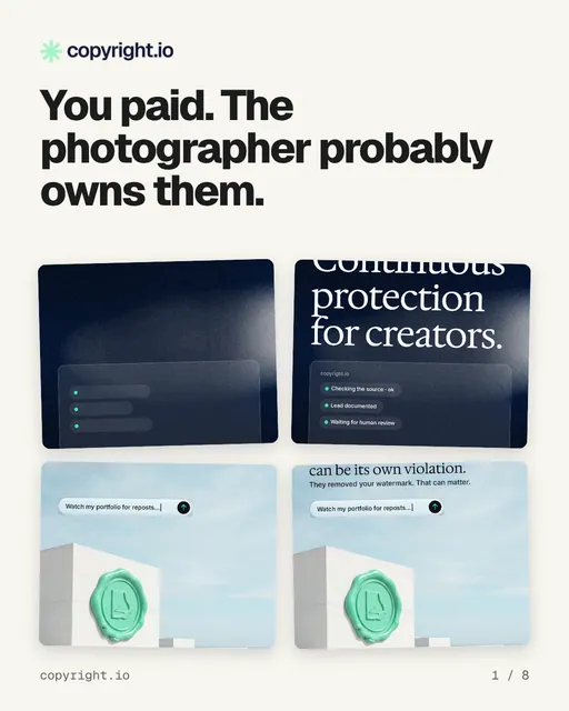 Carousel for copyright.io: "You paid. The photographer probably owns them.". Collection carousel, 8 slides, light palette.