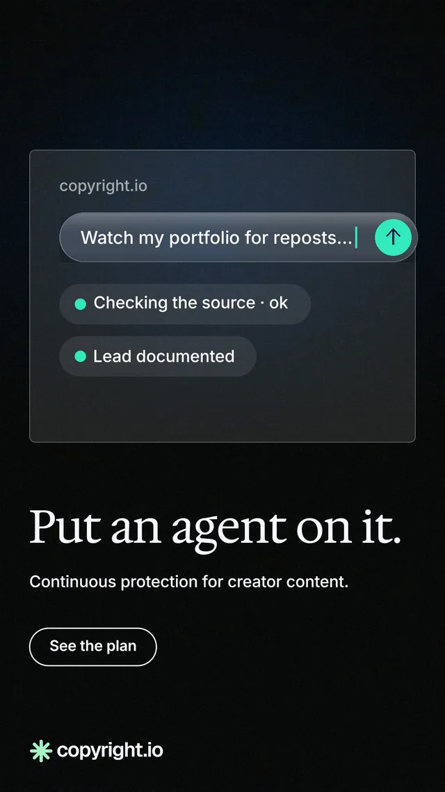 Instagram story for copyright.io: "Put an agent on it." Phosphor atlas style, bottom layout, dark palette in black, grey.