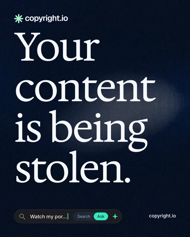 Instagram portrait post for copyright.io: "Your content is being stolen." Thermal style, poster layout, dark palette in black, blue, grey.