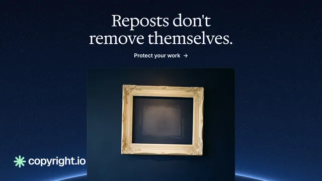 Landscape graphic for copyright.io: "Reposts don't remove themselves." Agentic glass style, ogui layout, dark palette in black, blue, grey.