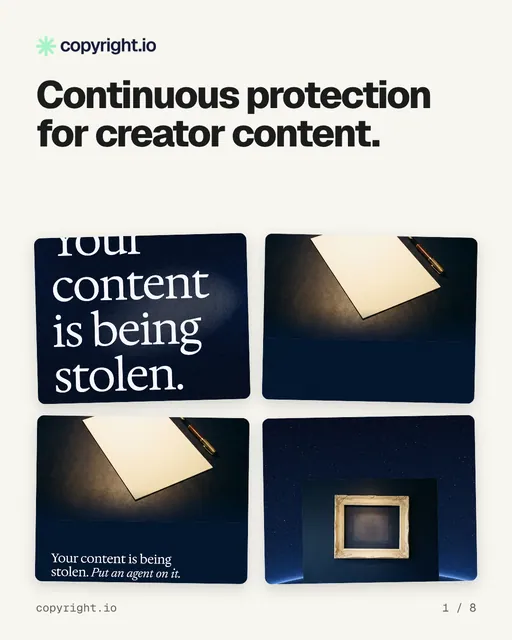 Carousel for copyright.io: "Continuous protection for creator content.". Collection carousel, 8 slides, light palette.