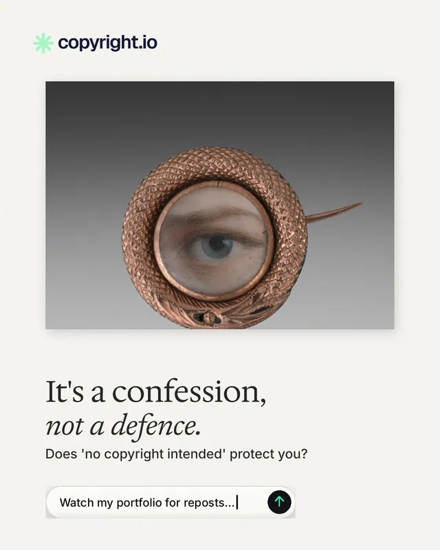 Instagram portrait post for copyright.io: "It's a confession, not a defence." Agentic glass style, bottom layout, light palette in white, grey.