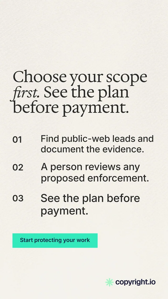 Instagram story for copyright.io: "Choose your scope first. See the plan before payment." Swiss style, numbered layout, light palette in white, grey, green.