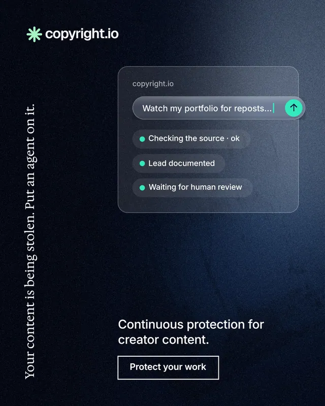 Instagram portrait post for copyright.io: "Your content is being stolen. Put an agent on it." Dark deco style, vertical layout, dark palette in blue, grey, black.