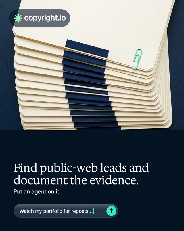Instagram portrait post for copyright.io: "Find public-web leads and document the evidence." Agentic glass style, bottom layout, dark palette in yellow, black, blue.