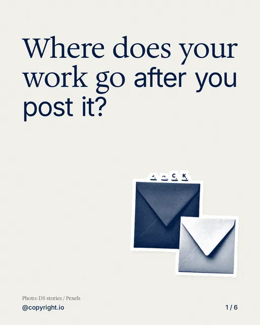 Carousel for copyright.io: "Where does your work go after you post it?". Cutout essay, 6 slides, light palette.