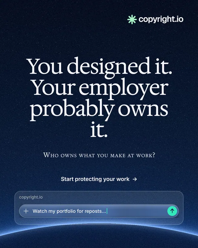 Instagram portrait post for copyright.io: "You designed it. Your employer probably owns it." Swiss style, smallcaps layout, dark palette in blue, black.