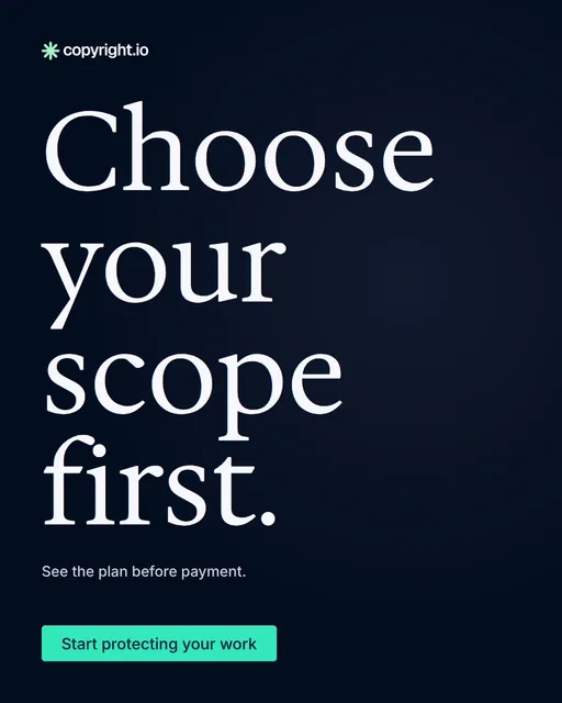 Video for copyright.io: "Choose your scope first.". Doc motion loop, 6.0 s, dark palette.