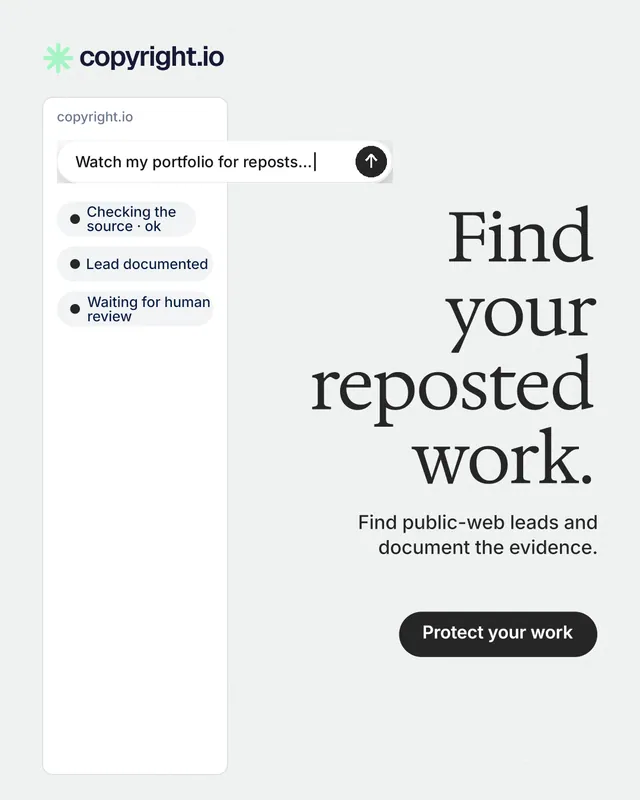 Instagram portrait post for copyright.io: "Find your reposted work." Data card style, right layout, light palette in white.