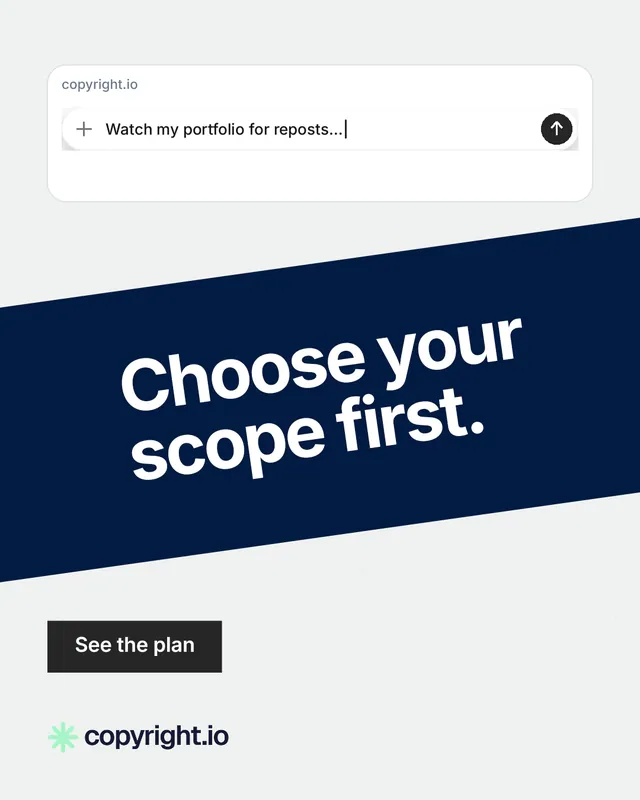 Instagram portrait post for copyright.io: "Choose your scope first." Swiss style, diagonal layout, light palette in white, blue.