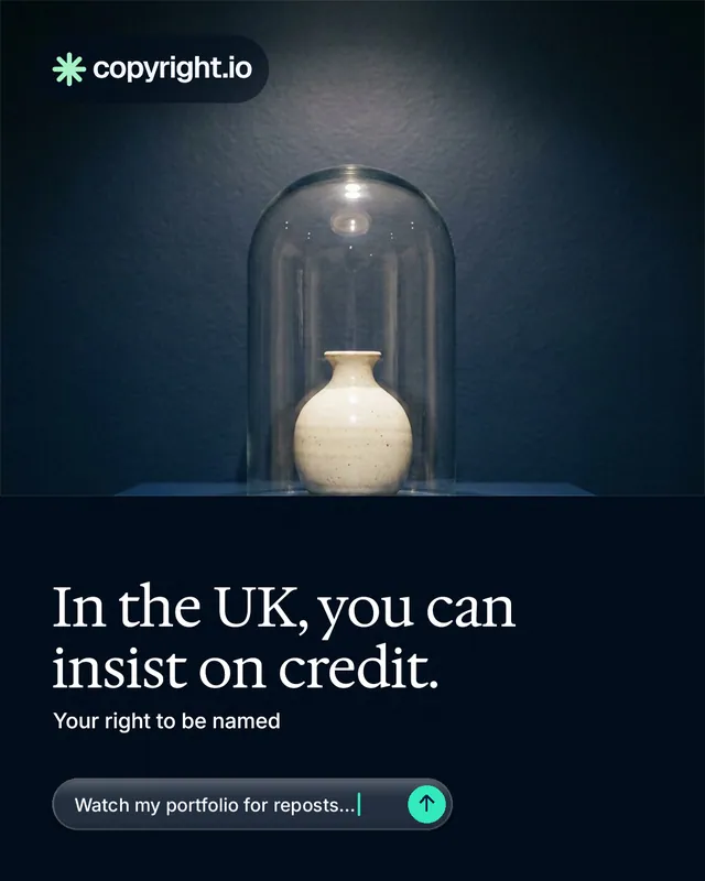 Instagram portrait post for copyright.io: "In the UK, you can insist on credit." Agentic glass style, bottom layout, dark palette in blue, black, grey.