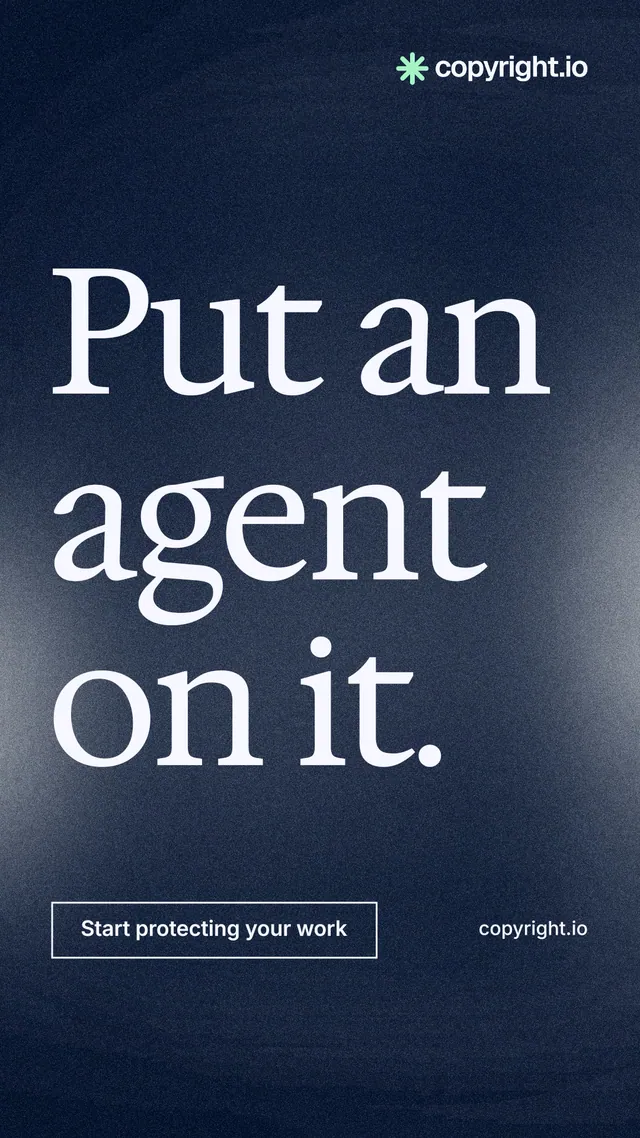Instagram story for copyright.io: "Put an agent on it." Cyanotype style, poster layout, dark palette in blue, grey.