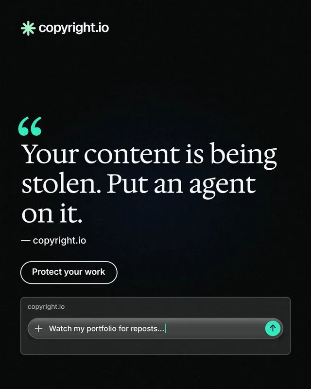 Instagram portrait post for copyright.io: "Your content is being stolen. Put an agent on it." Phosphor atlas style, quote layout, dark palette in black.