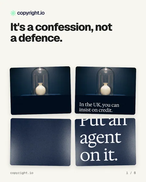 Carousel for copyright.io: "It's a confession, not a defence.". Collection carousel, 8 slides, light palette.